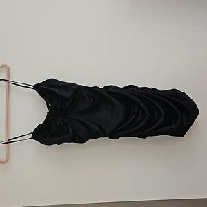 Oh Polly Dark Romance Plunge Ruched Satin Mini Dress - Black Size 8